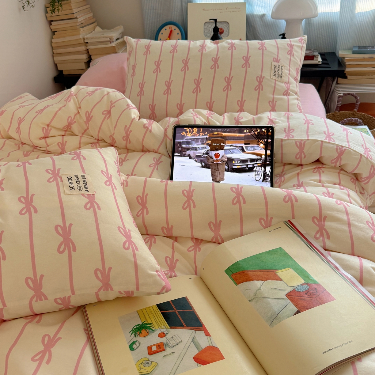 91家纺网 家纺一手货源 找家纺 六巷胡同 2026春夏新款INS博主风韩系蝴蝶结全棉四件套 丝带蝴蝶结-粉