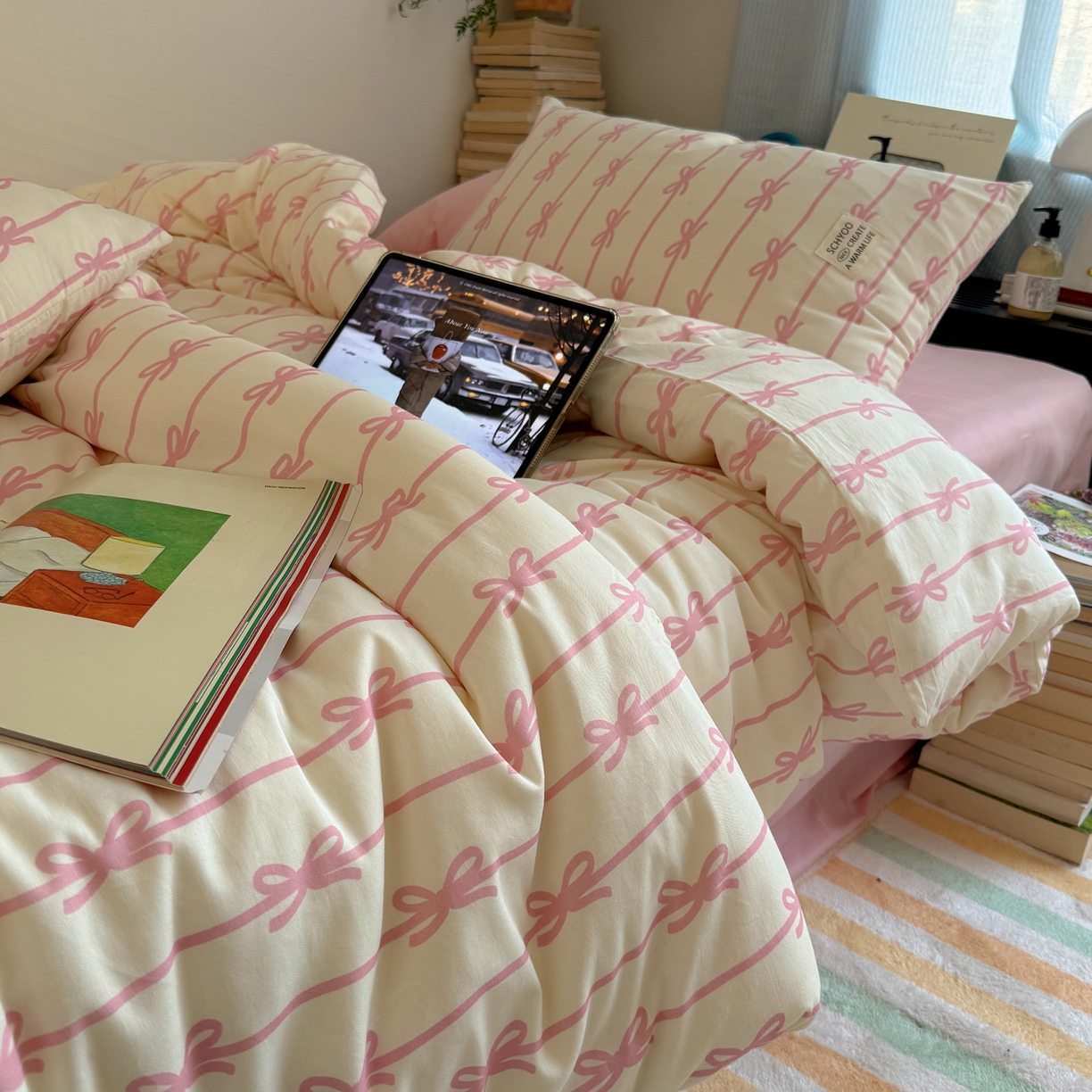 91家纺网 家纺一手货源 找家纺 六巷胡同 2026春夏新款INS博主风韩系蝴蝶结全棉四件套 丝带蝴蝶结-粉