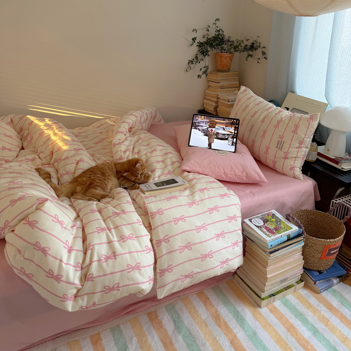 91家纺网 家纺一手货源 找家纺 六巷胡同 2026春夏新款INS博主风韩系蝴蝶结全棉四件套 丝带蝴蝶结-粉