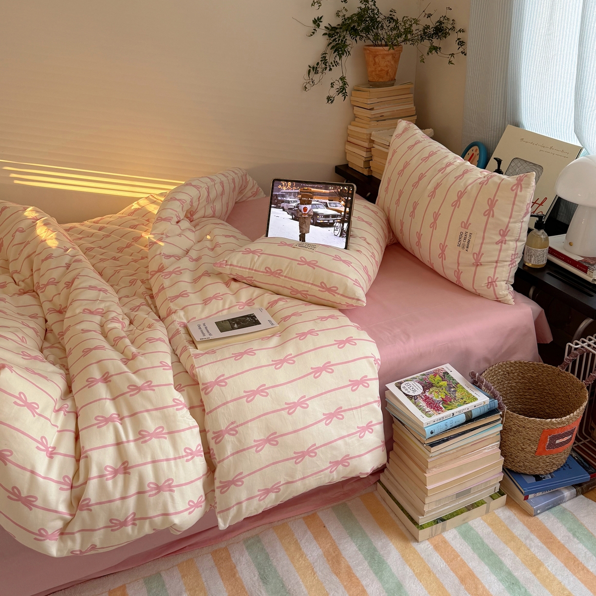 91家纺网 家纺一手货源 找家纺 六巷胡同 2026春夏新款INS博主风韩系蝴蝶结全棉四件套 丝带蝴蝶结-粉