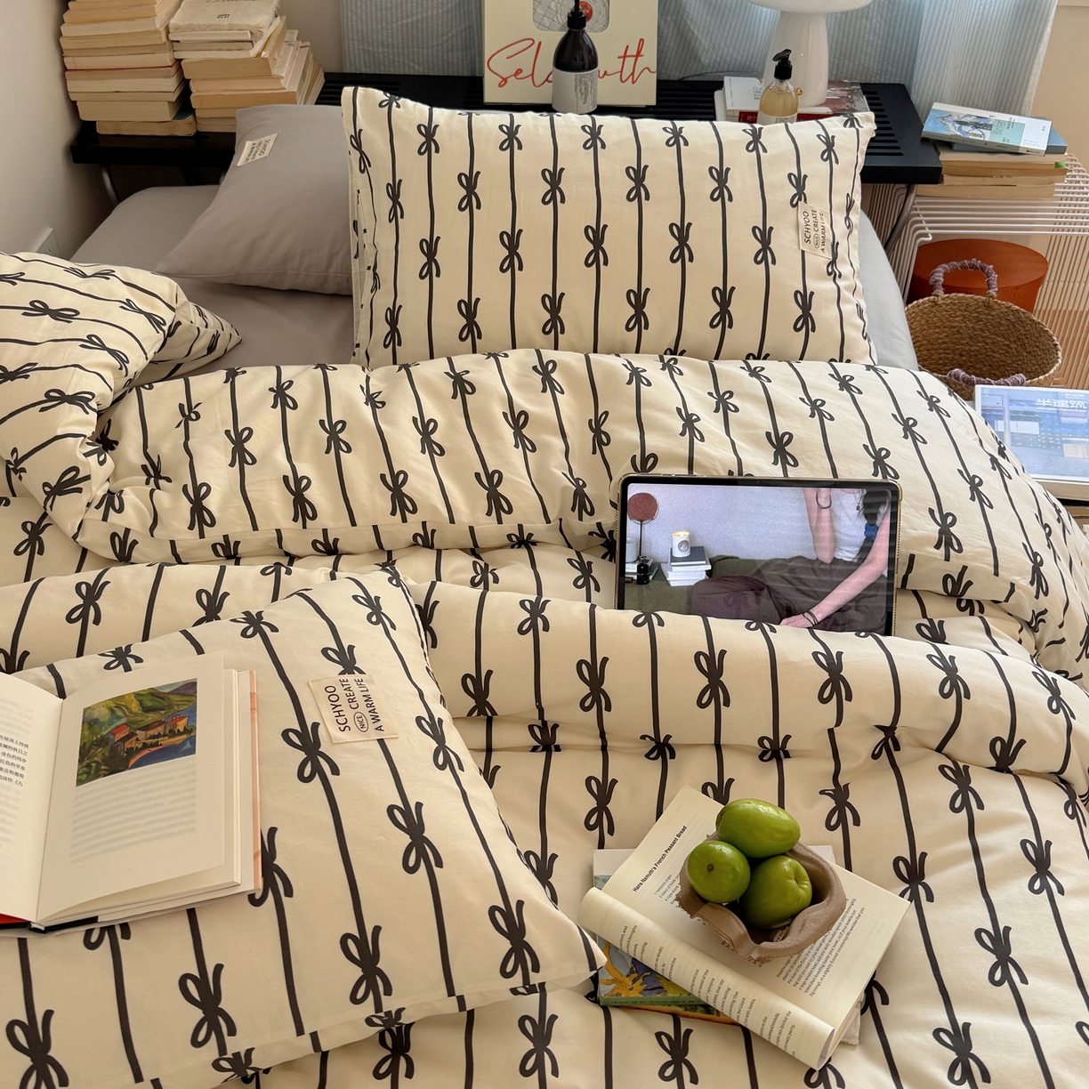 91家纺网 家纺一手货源 找家纺 六巷胡同 2026春夏新款INS博主风韩系蝴蝶结全棉四件套 丝带蝴蝶结-黑