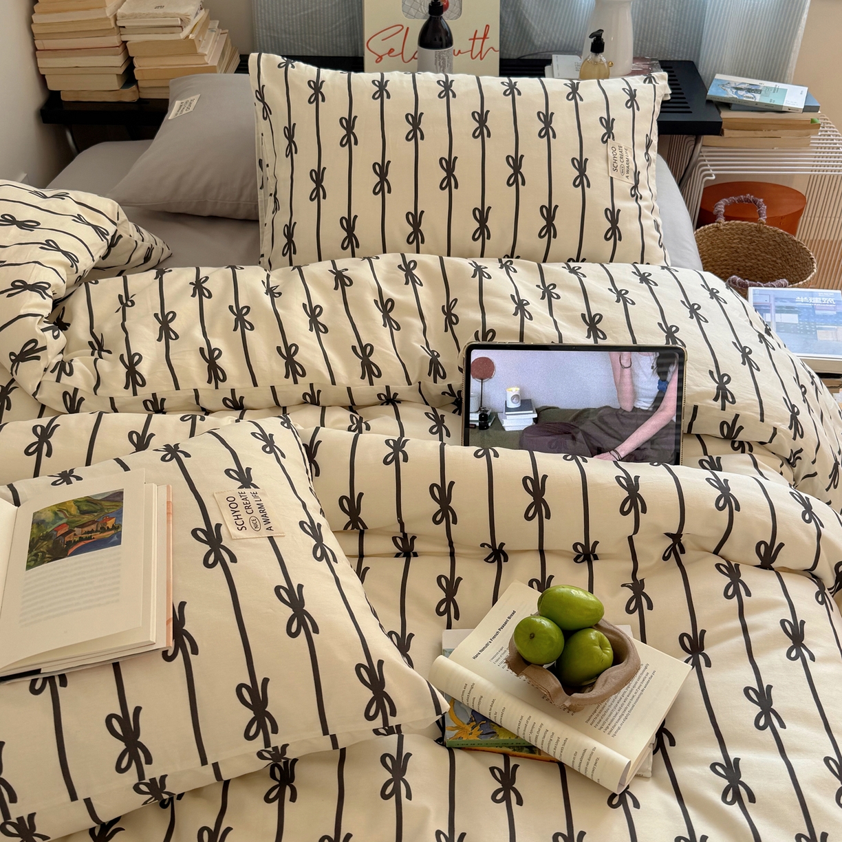 91家纺网 家纺一手货源 找家纺 六巷胡同 2026春夏新款INS博主风韩系蝴蝶结全棉四件套 丝带蝴蝶结-黑