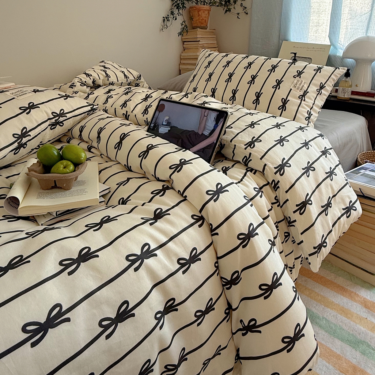 91家纺网 家纺一手货源 找家纺 六巷胡同 2026春夏新款INS博主风韩系蝴蝶结全棉四件套 丝带蝴蝶结-黑