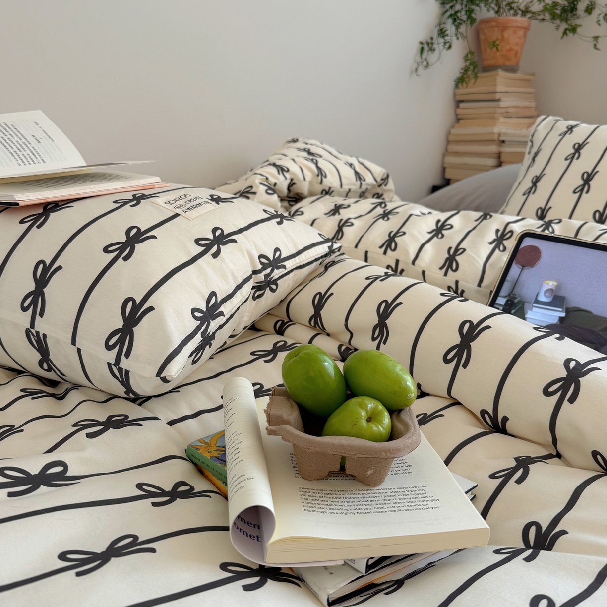 91家纺网 家纺一手货源 找家纺 六巷胡同 2026春夏新款INS博主风韩系蝴蝶结全棉四件套 丝带蝴蝶结-黑