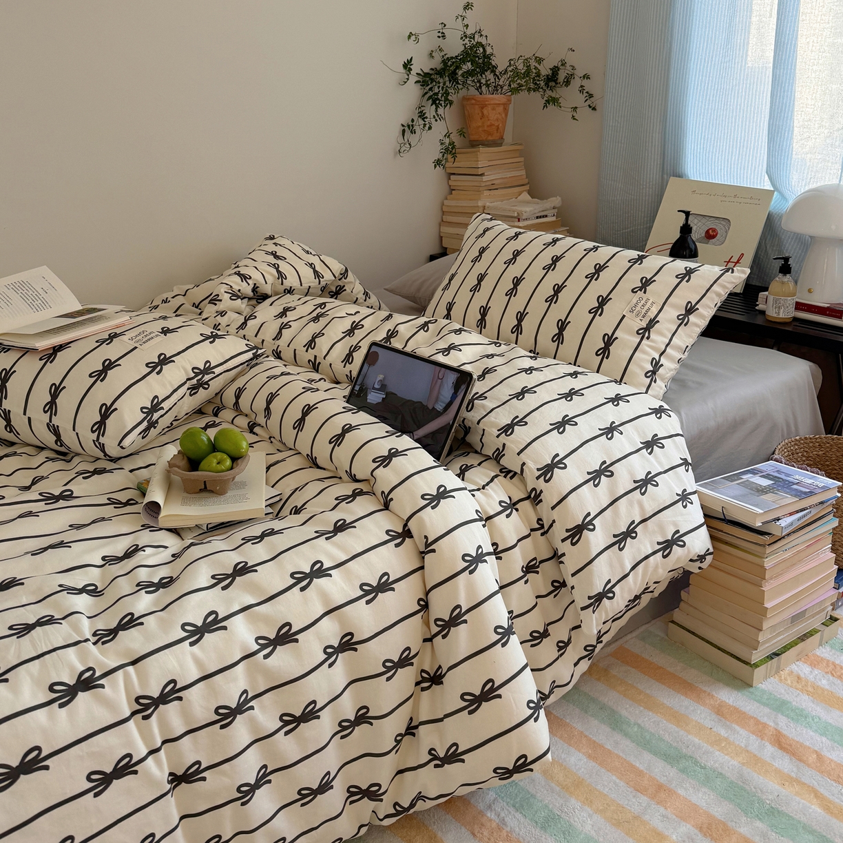 91家纺网 家纺一手货源 找家纺 六巷胡同 2026春夏新款INS博主风韩系蝴蝶结全棉四件套 丝带蝴蝶结-黑