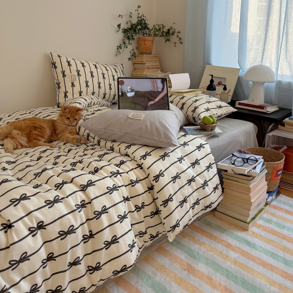 91家纺网 家纺一手货源 找家纺 六巷胡同 2026春夏新款INS博主风韩系蝴蝶结全棉四件套 丝带蝴蝶结-黑