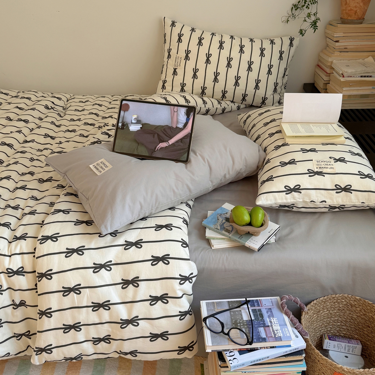 91家纺网 家纺一手货源 找家纺 六巷胡同 2026春夏新款INS博主风韩系蝴蝶结全棉四件套 丝带蝴蝶结-黑