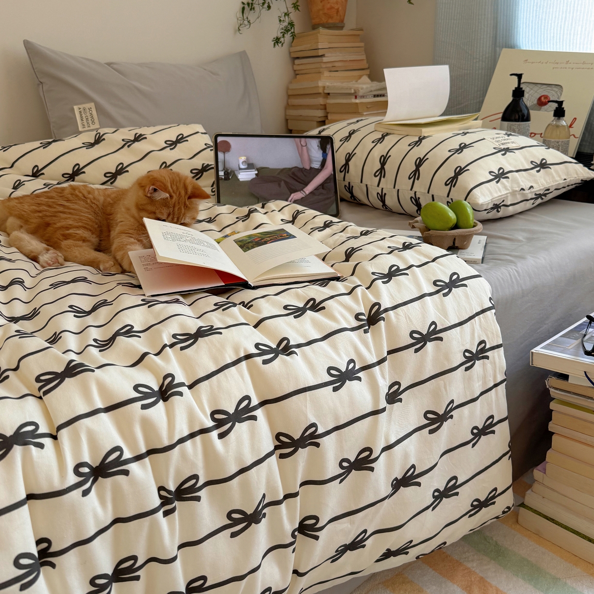 91家纺网 家纺一手货源 找家纺 六巷胡同 2026春夏新款INS博主风韩系蝴蝶结全棉四件套 丝带蝴蝶结-黑