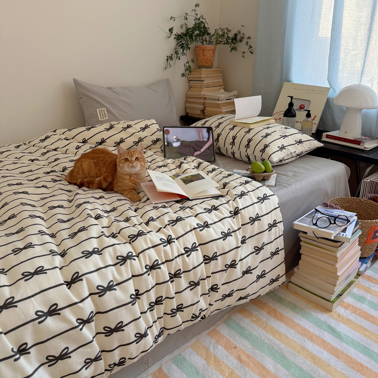 91家纺网 家纺一手货源 找家纺 六巷胡同 2026春夏新款INS博主风韩系蝴蝶结全棉四件套 丝带蝴蝶结-黑