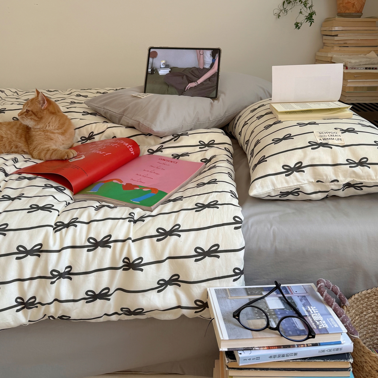 91家纺网 家纺一手货源 找家纺 六巷胡同 2026春夏新款INS博主风韩系蝴蝶结全棉四件套 丝带蝴蝶结-黑