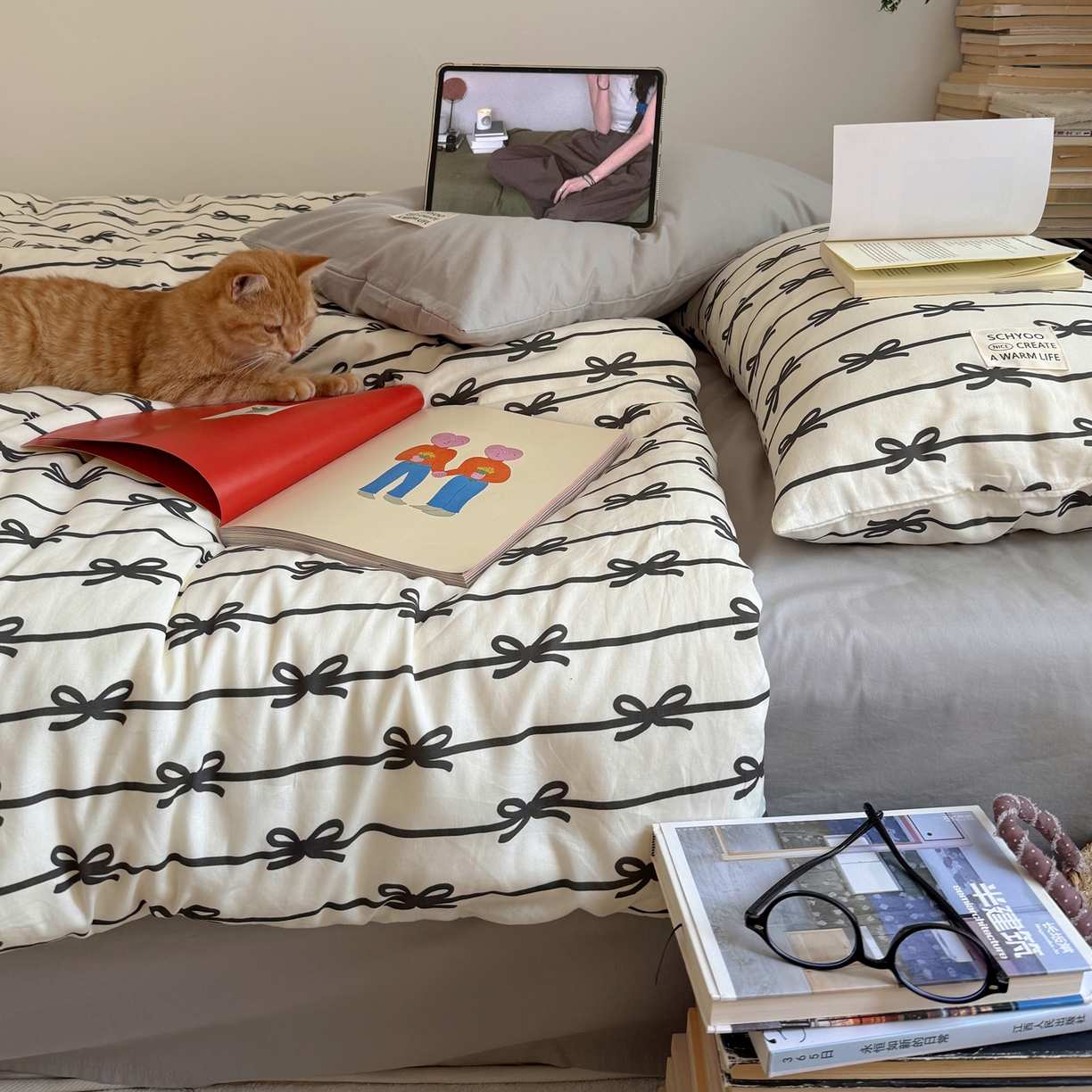 91家纺网 家纺一手货源 找家纺 六巷胡同 2026春夏新款INS博主风韩系蝴蝶结全棉四件套 丝带蝴蝶结-黑