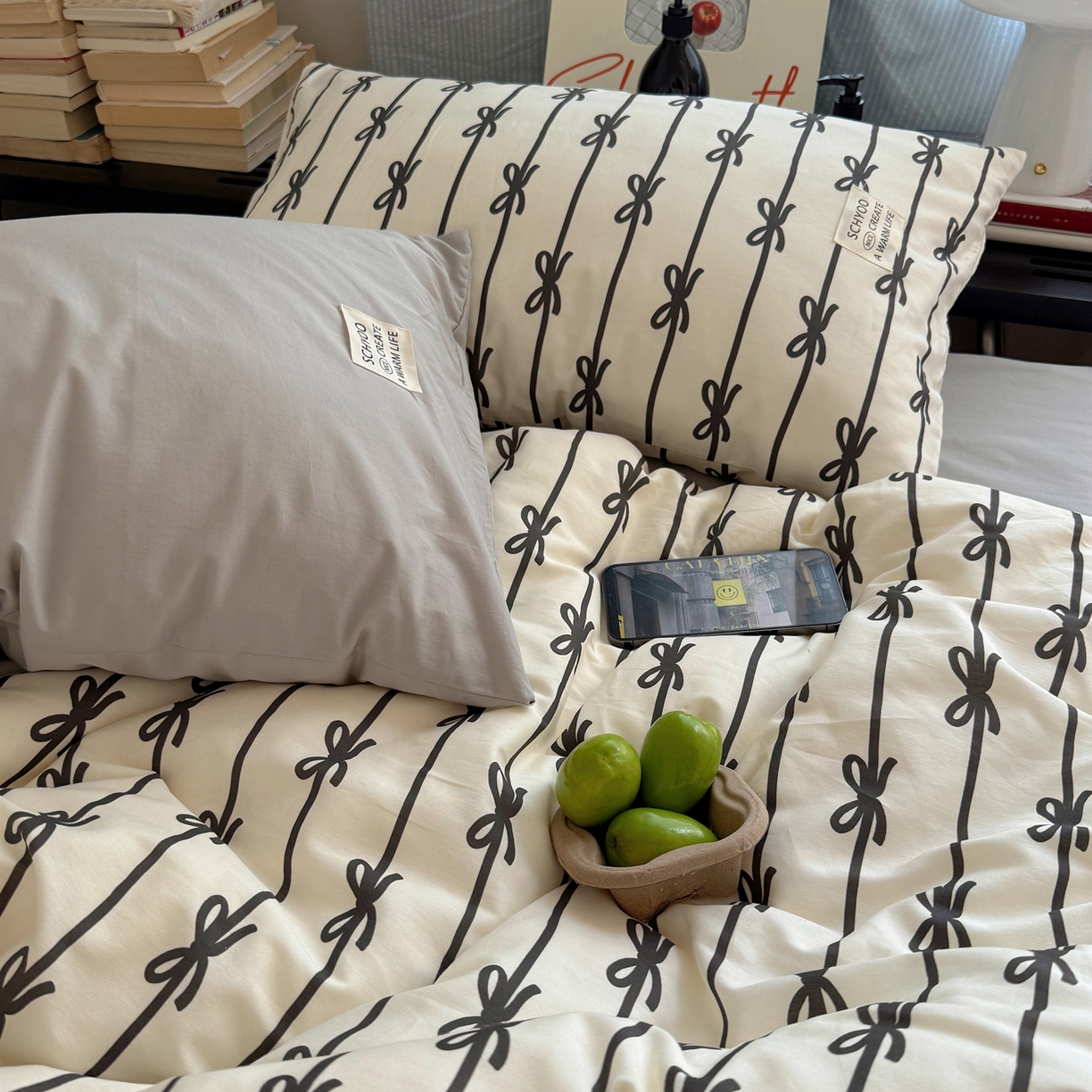 91家纺网 家纺一手货源 找家纺 六巷胡同 2026春夏新款INS博主风韩系蝴蝶结全棉四件套 丝带蝴蝶结-黑