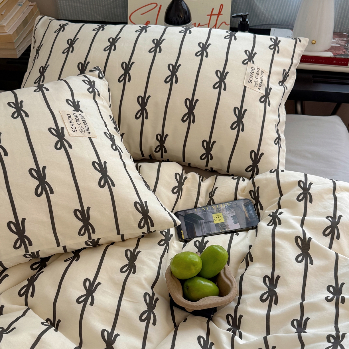 91家纺网 家纺一手货源 找家纺 六巷胡同 2026春夏新款INS博主风韩系蝴蝶结全棉四件套 丝带蝴蝶结-黑