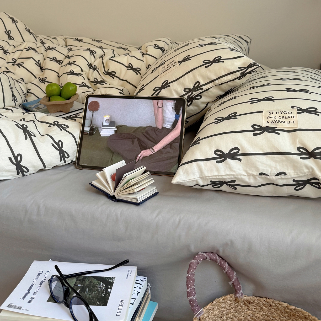 91家纺网 家纺一手货源 找家纺 六巷胡同 2026春夏新款INS博主风韩系蝴蝶结全棉四件套 丝带蝴蝶结-黑