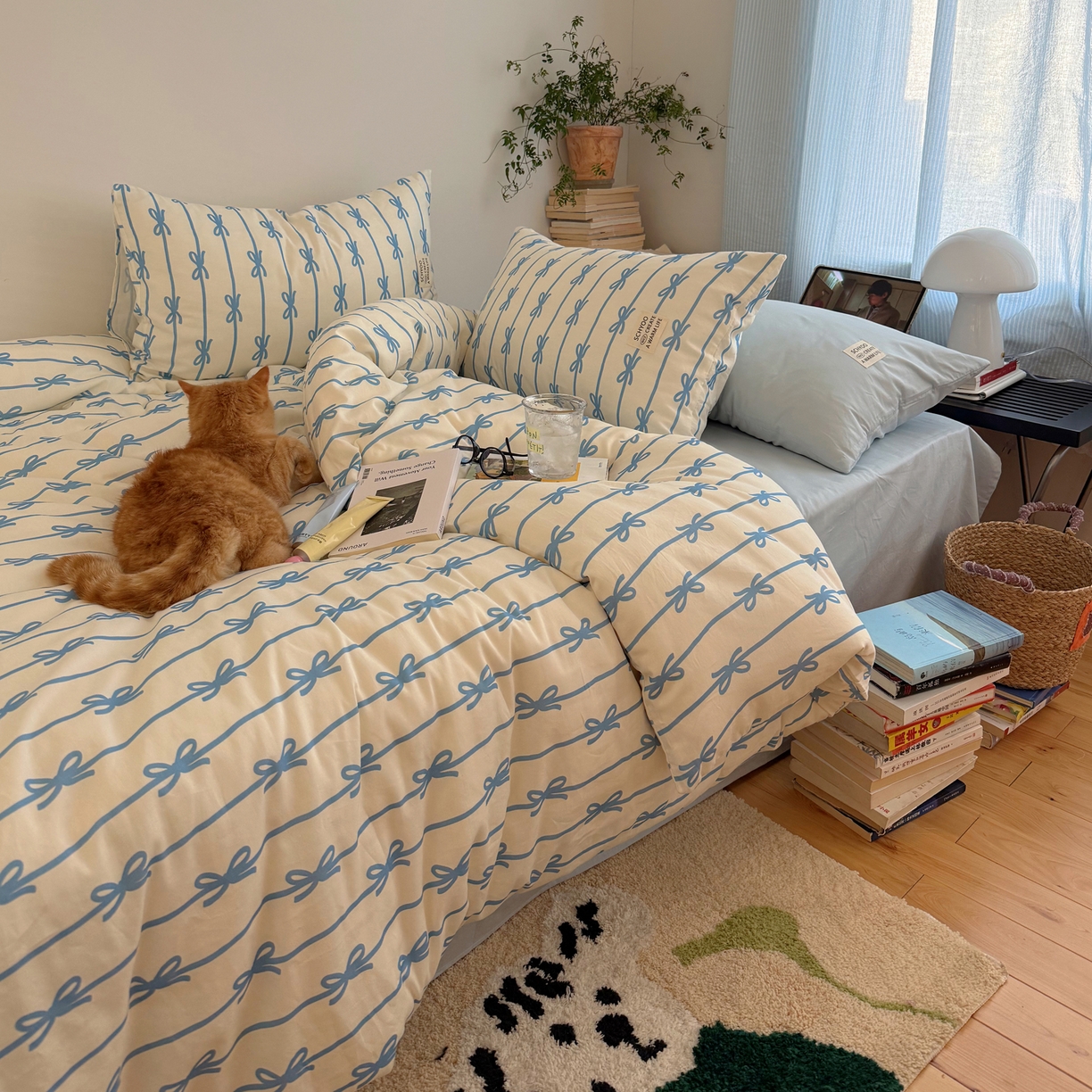 91家纺网 家纺一手货源 找家纺 六巷胡同 2026春夏新款INS博主风韩系蝴蝶结全棉四件套 丝带蝴蝶结-蓝