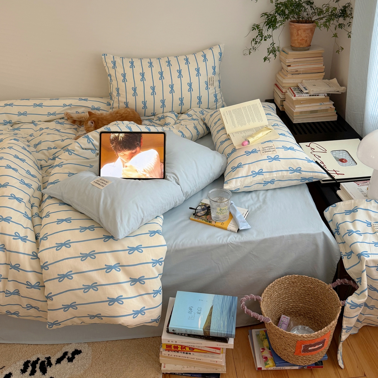 91家纺网 家纺一手货源 找家纺 六巷胡同 2026春夏新款INS博主风韩系蝴蝶结全棉四件套 丝带蝴蝶结-蓝