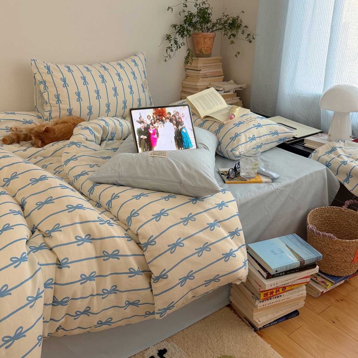 91家纺网 家纺一手货源 找家纺 六巷胡同 2026春夏新款INS博主风韩系蝴蝶结全棉四件套 丝带蝴蝶结-蓝