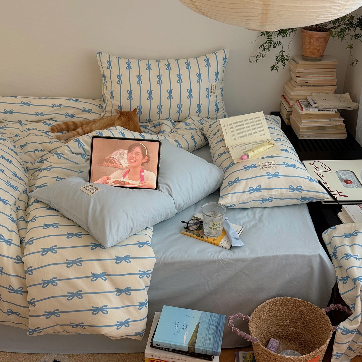 91家纺网 家纺一手货源 找家纺 六巷胡同 2026春夏新款INS博主风韩系蝴蝶结全棉四件套 丝带蝴蝶结-蓝