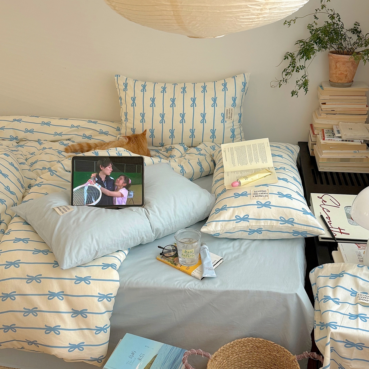 91家纺网 家纺一手货源 找家纺 六巷胡同 2026春夏新款INS博主风韩系蝴蝶结全棉四件套 丝带蝴蝶结-蓝