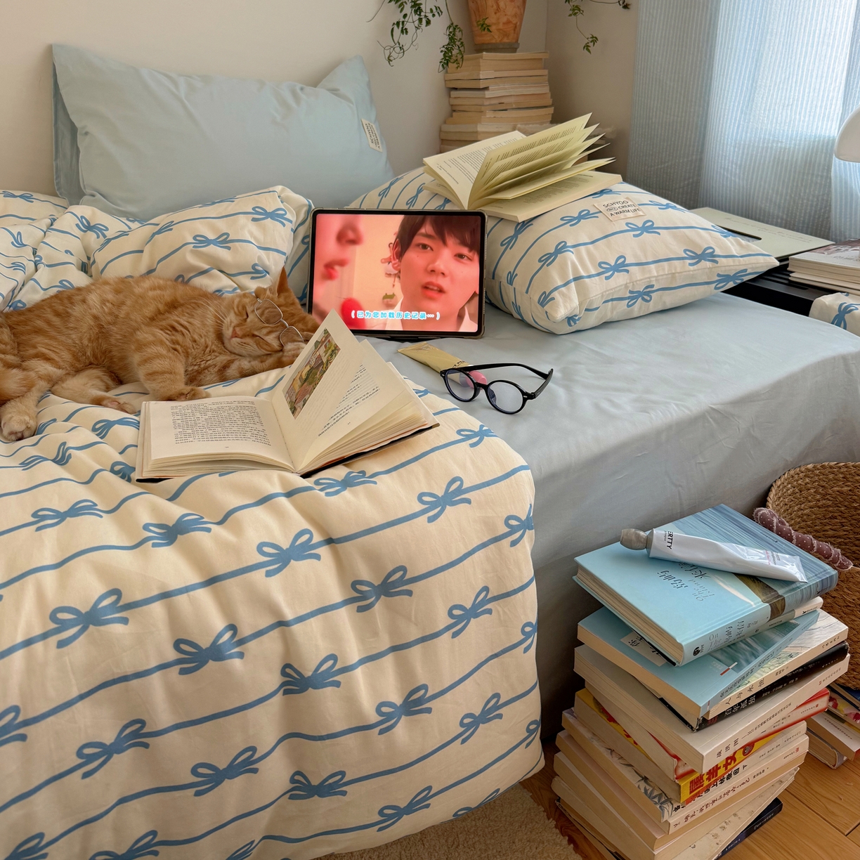 91家纺网 家纺一手货源 找家纺 六巷胡同 2026春夏新款INS博主风韩系蝴蝶结全棉四件套 丝带蝴蝶结-蓝