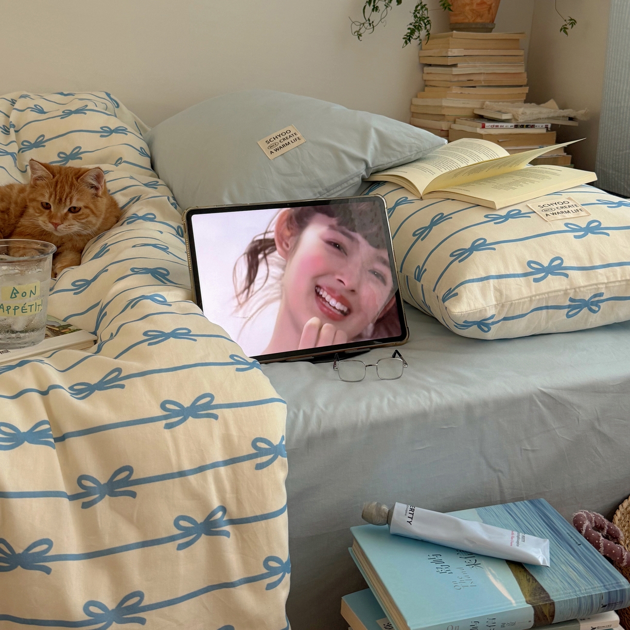 91家纺网 家纺一手货源 找家纺 六巷胡同 2026春夏新款INS博主风韩系蝴蝶结全棉四件套 丝带蝴蝶结-蓝