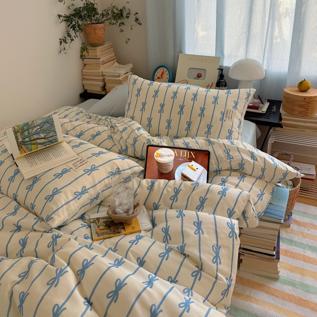 91家纺网 家纺一手货源 找家纺 六巷胡同 2026春夏新款INS博主风韩系蝴蝶结全棉四件套 丝带蝴蝶结-蓝