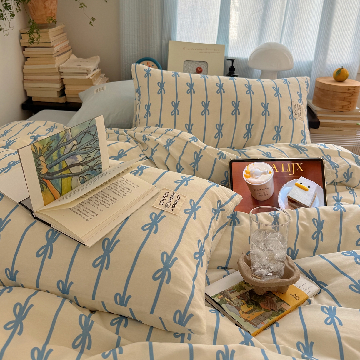 91家纺网 家纺一手货源 找家纺 六巷胡同 2026春夏新款INS博主风韩系蝴蝶结全棉四件套 丝带蝴蝶结-蓝