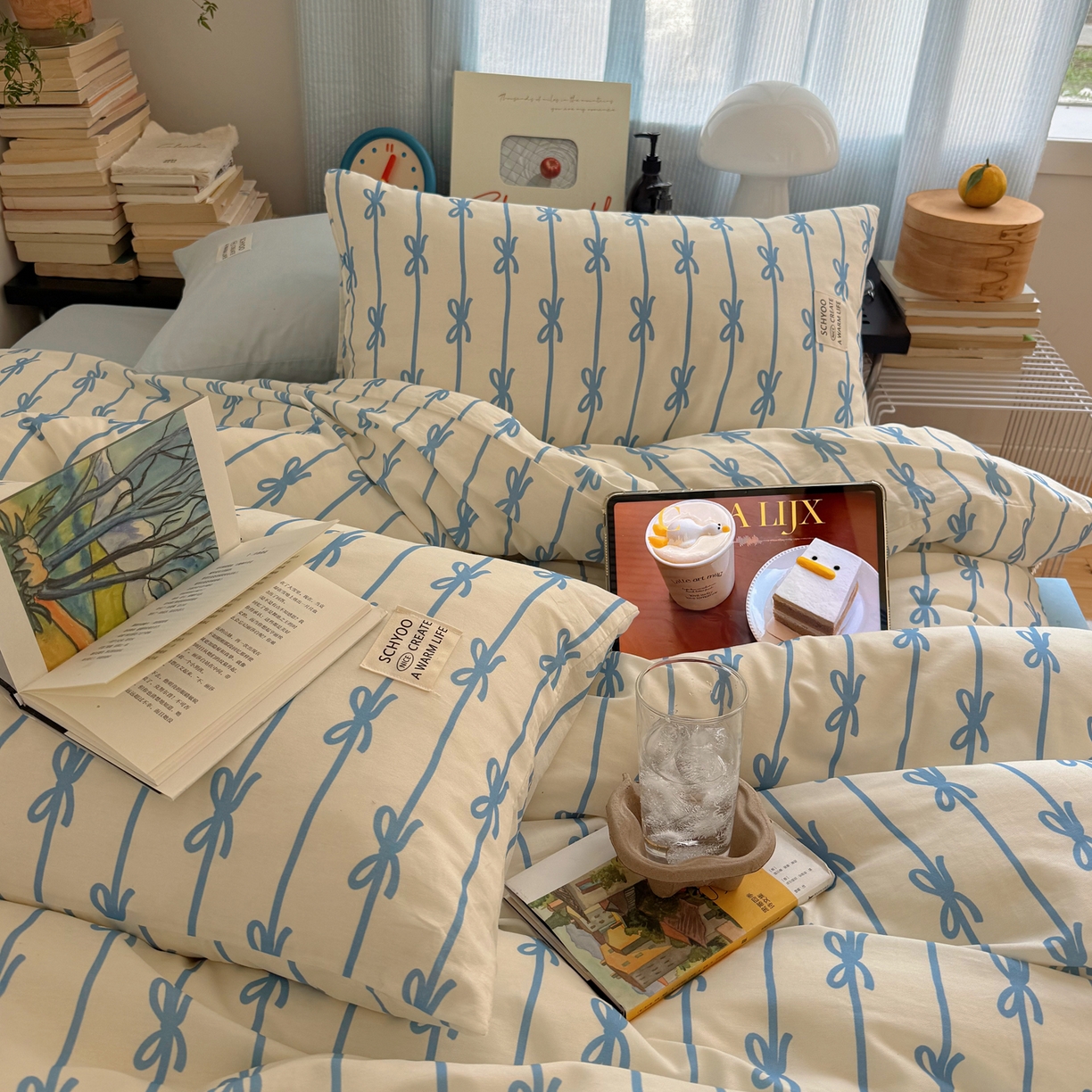 91家纺网 家纺一手货源 找家纺 六巷胡同 2026春夏新款INS博主风韩系蝴蝶结全棉四件套 丝带蝴蝶结-蓝