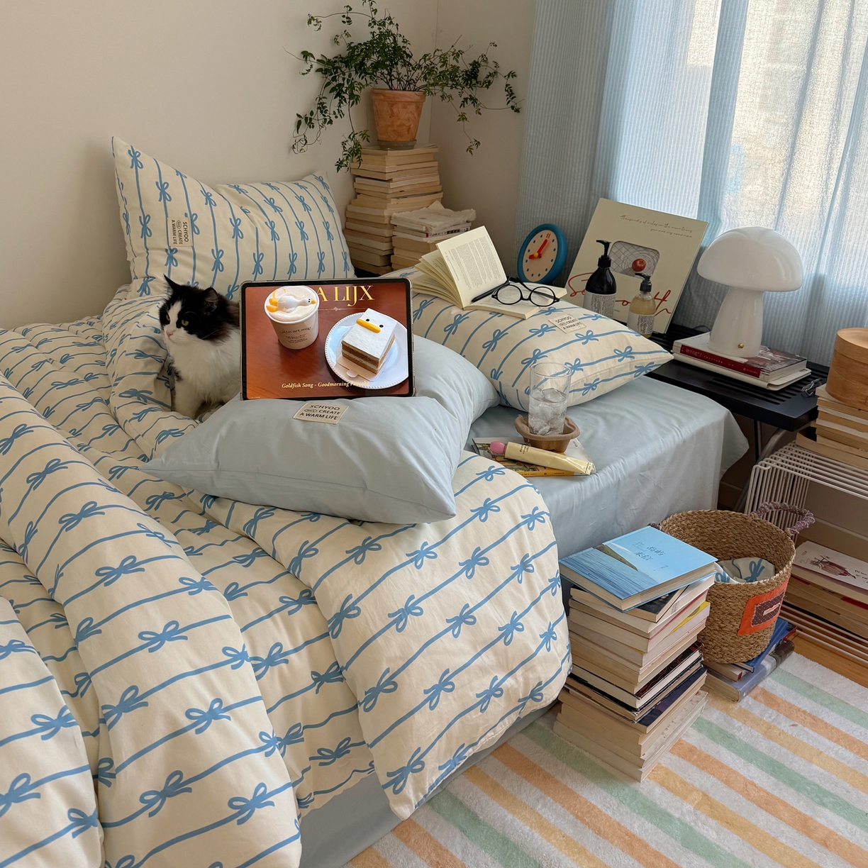 91家纺网 家纺一手货源 找家纺 六巷胡同 2026春夏新款INS博主风韩系蝴蝶结全棉四件套 丝带蝴蝶结-蓝