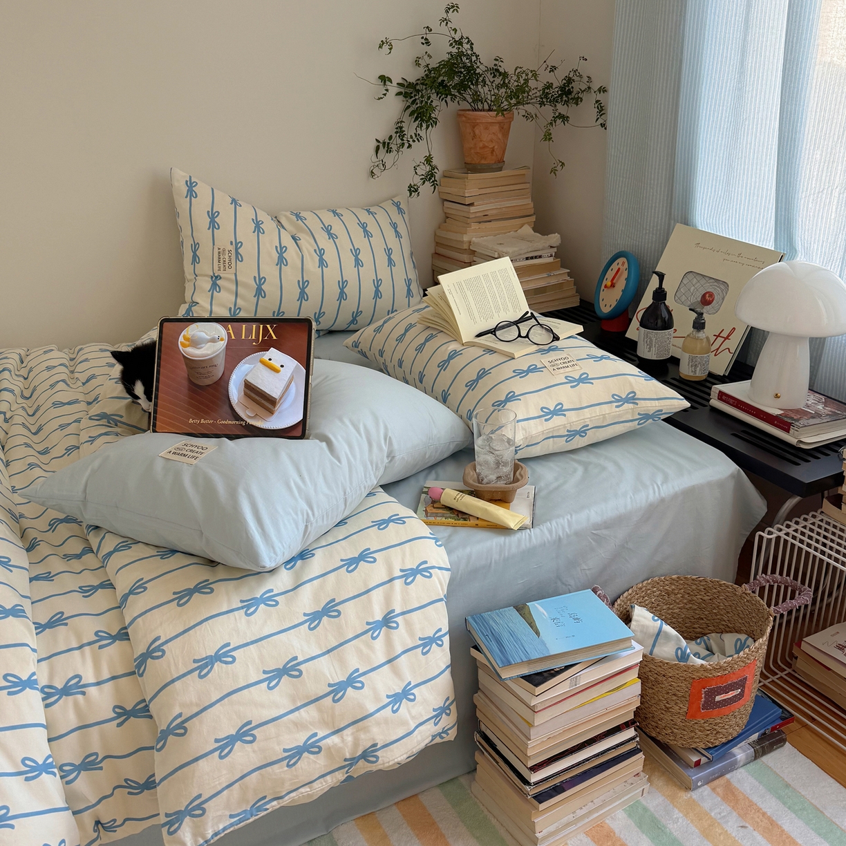 91家纺网 家纺一手货源 找家纺 六巷胡同 2026春夏新款INS博主风韩系蝴蝶结全棉四件套 丝带蝴蝶结-蓝