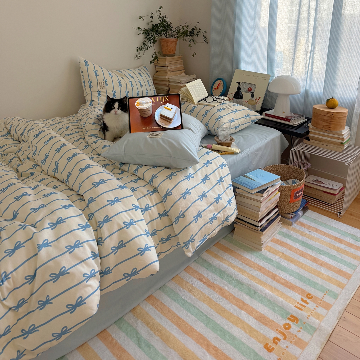 91家纺网 家纺一手货源 找家纺 六巷胡同 2026春夏新款INS博主风韩系蝴蝶结全棉四件套 丝带蝴蝶结-蓝