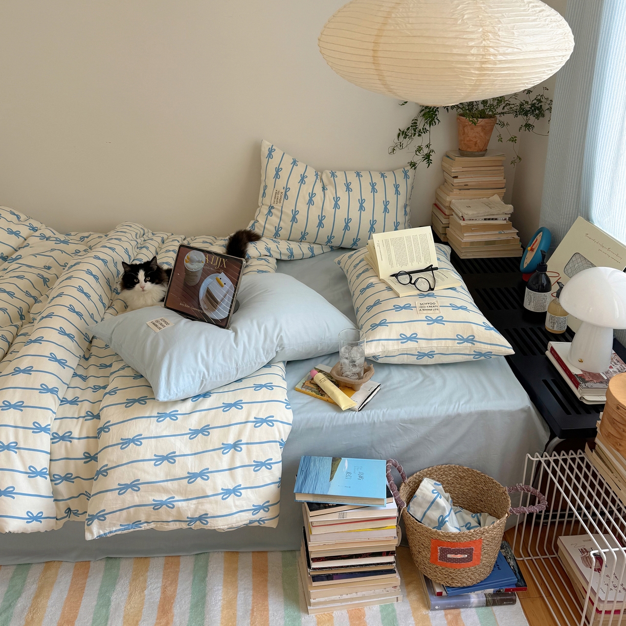 91家纺网 家纺一手货源 找家纺 六巷胡同 2026春夏新款INS博主风韩系蝴蝶结全棉四件套 丝带蝴蝶结-蓝