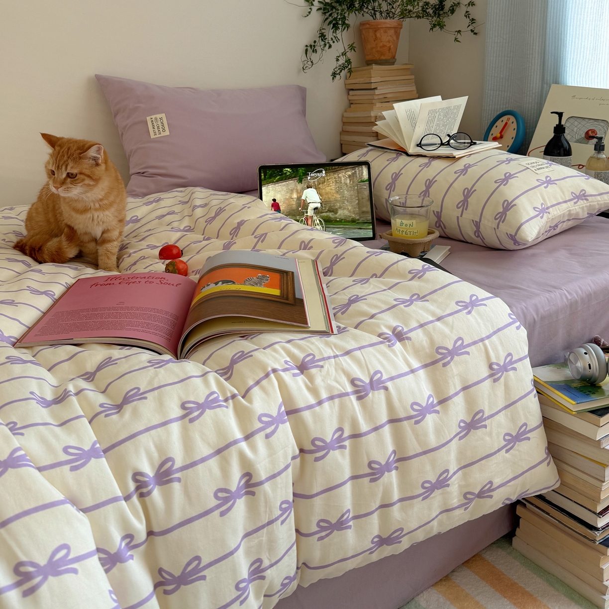 六巷胡同 2026春夏新款INS博主风韩系蝴蝶结全棉四件套 丝带蝴蝶结-紫