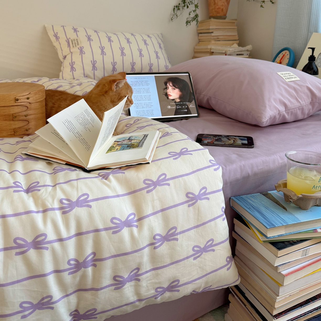 91家纺网 家纺一手货源 找家纺 六巷胡同 2026春夏新款INS博主风韩系蝴蝶结全棉四件套 丝带蝴蝶结-紫