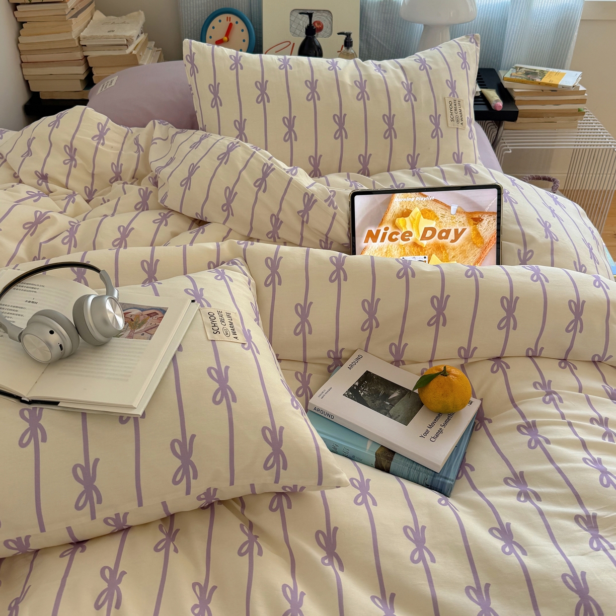 91家纺网 家纺一手货源 找家纺 六巷胡同 2026春夏新款INS博主风韩系蝴蝶结全棉四件套 丝带蝴蝶结-紫