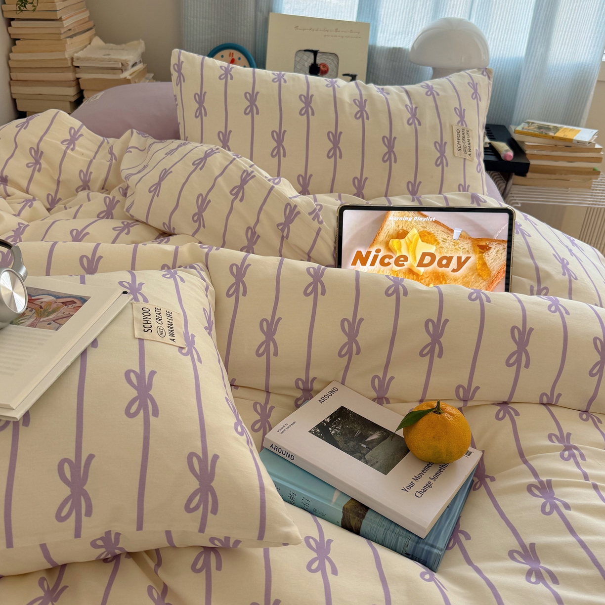 91家纺网 家纺一手货源 找家纺 六巷胡同 2026春夏新款INS博主风韩系蝴蝶结全棉四件套 丝带蝴蝶结-紫