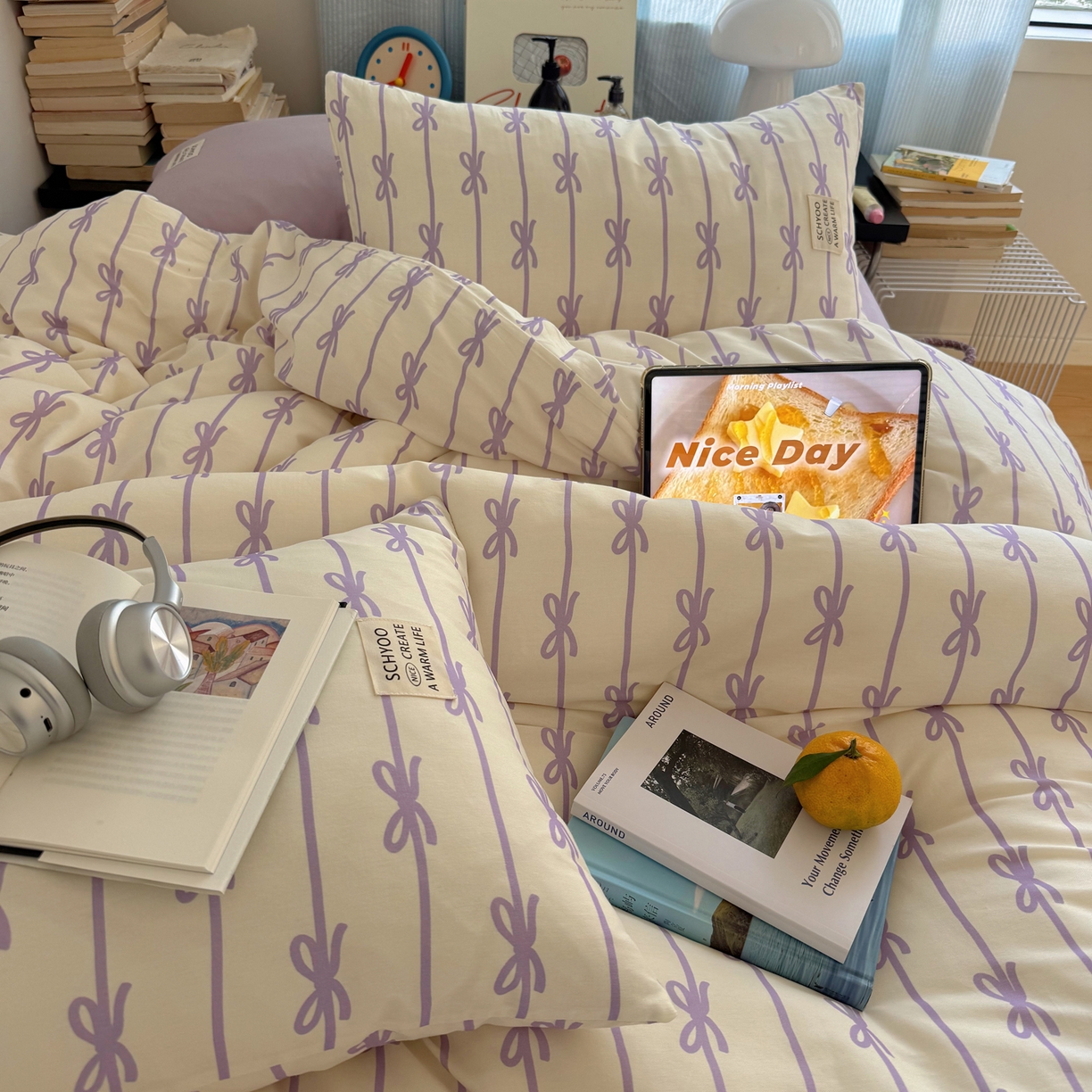 91家纺网 家纺一手货源 找家纺 六巷胡同 2026春夏新款INS博主风韩系蝴蝶结全棉四件套 丝带蝴蝶结-紫