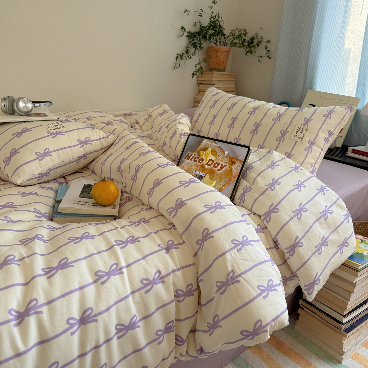 91家纺网 家纺一手货源 找家纺 六巷胡同 2026春夏新款INS博主风韩系蝴蝶结全棉四件套 丝带蝴蝶结-紫