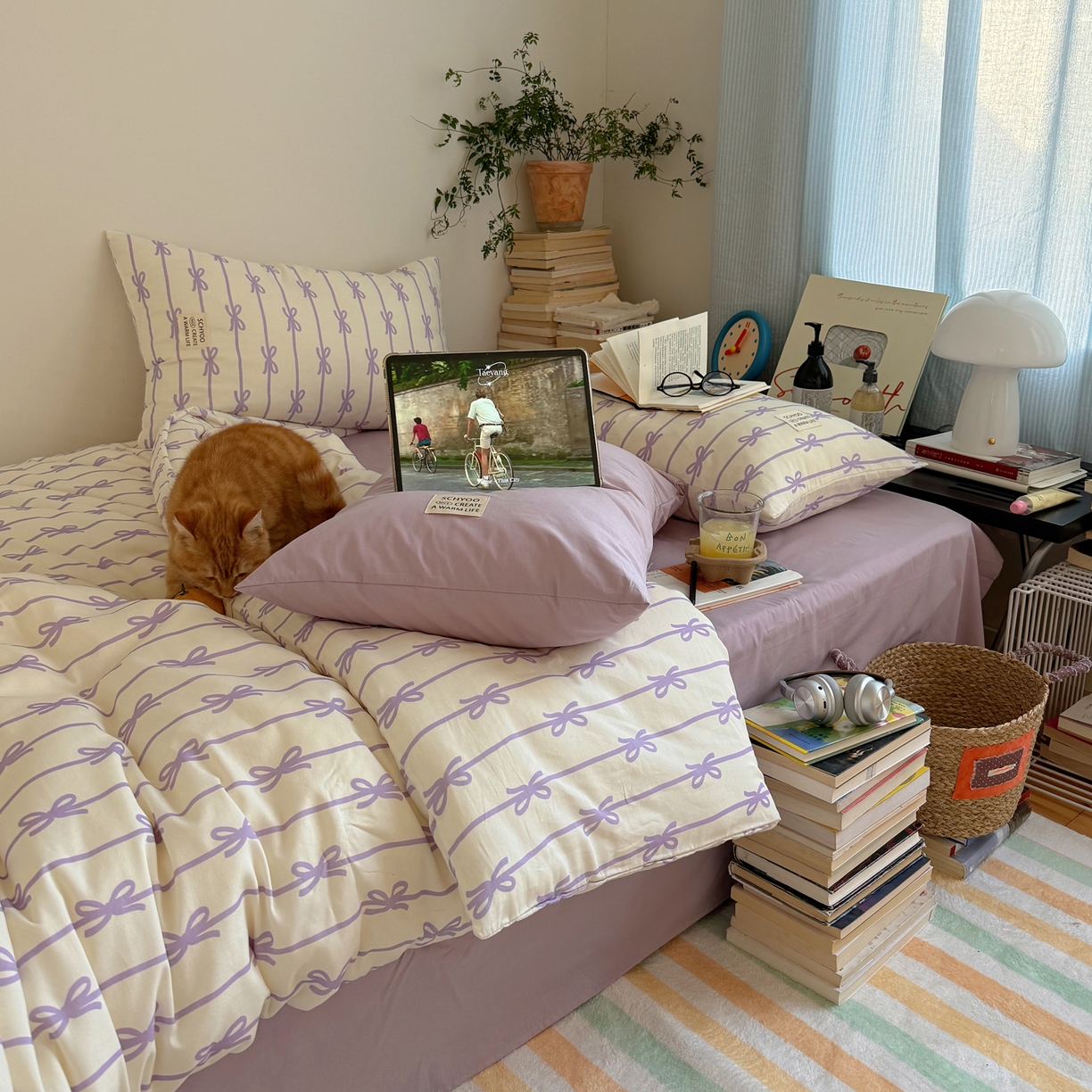 91家纺网 家纺一手货源 找家纺 六巷胡同 2026春夏新款INS博主风韩系蝴蝶结全棉四件套 丝带蝴蝶结-紫