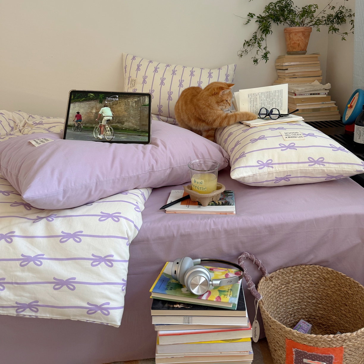 91家纺网 家纺一手货源 找家纺 六巷胡同 2026春夏新款INS博主风韩系蝴蝶结全棉四件套 丝带蝴蝶结-紫