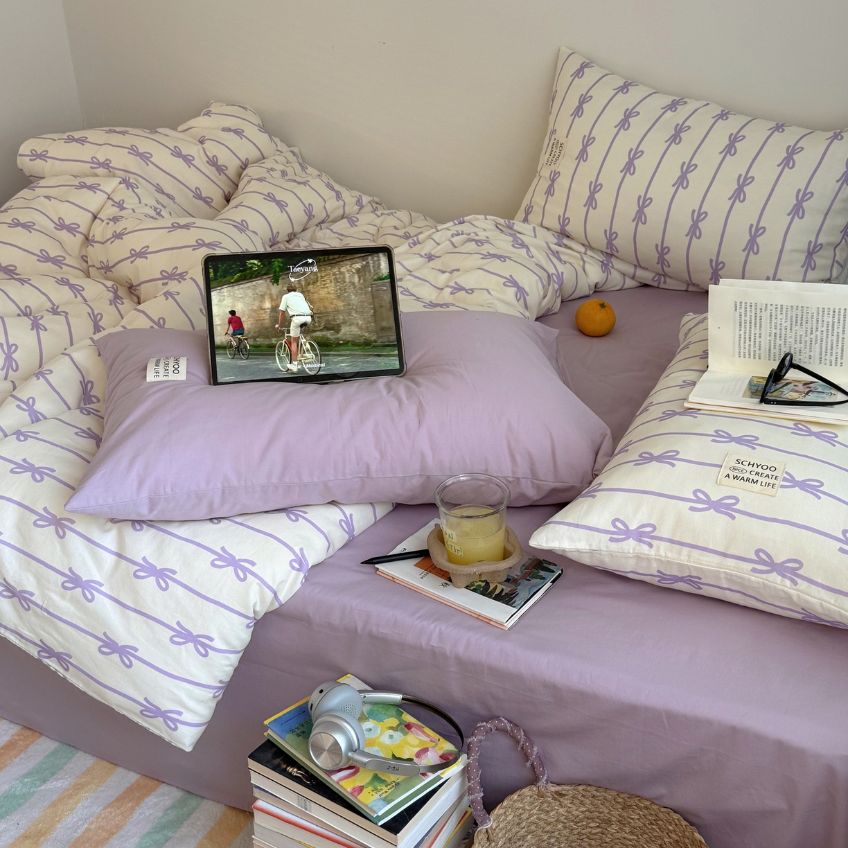 91家纺网 家纺一手货源 找家纺 六巷胡同 2026春夏新款INS博主风韩系蝴蝶结全棉四件套 丝带蝴蝶结-紫