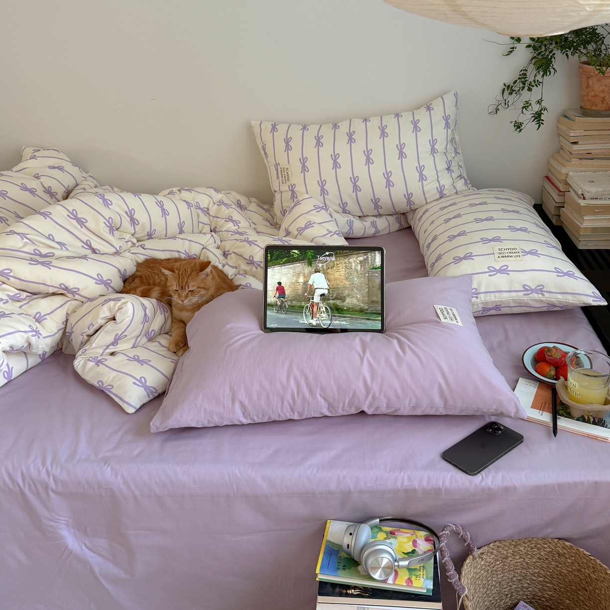 91家纺网 家纺一手货源 找家纺 六巷胡同 2026春夏新款INS博主风韩系蝴蝶结全棉四件套 丝带蝴蝶结-紫