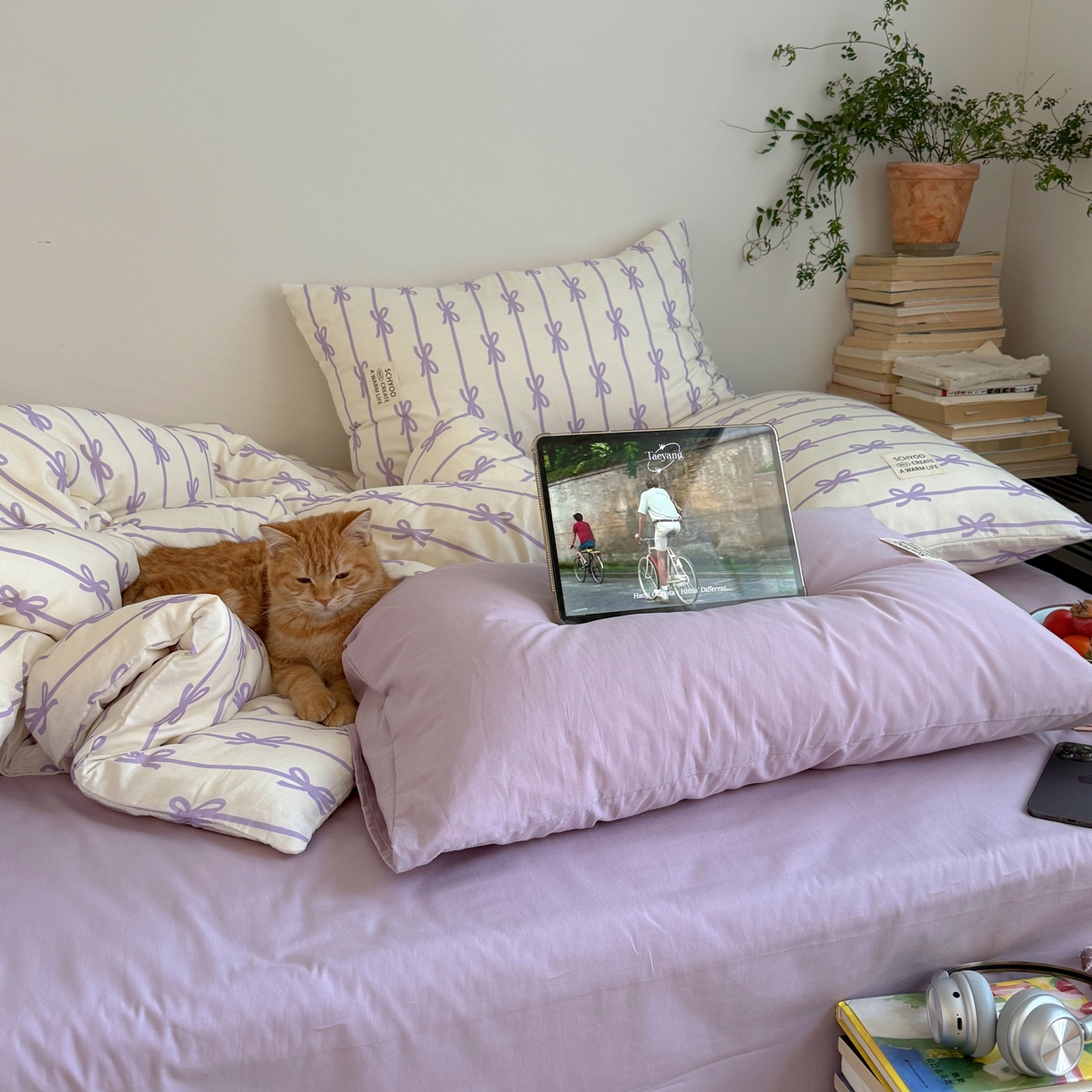 91家纺网 家纺一手货源 找家纺 六巷胡同 2026春夏新款INS博主风韩系蝴蝶结全棉四件套 丝带蝴蝶结-紫