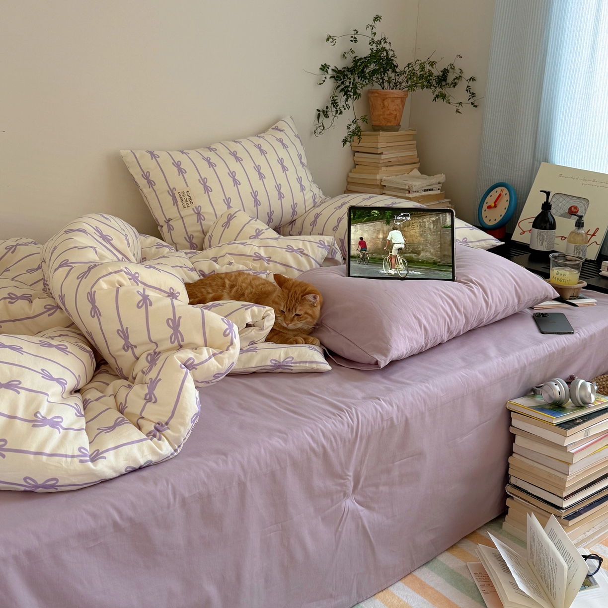 91家纺网 家纺一手货源 找家纺 六巷胡同 2026春夏新款INS博主风韩系蝴蝶结全棉四件套 丝带蝴蝶结-紫