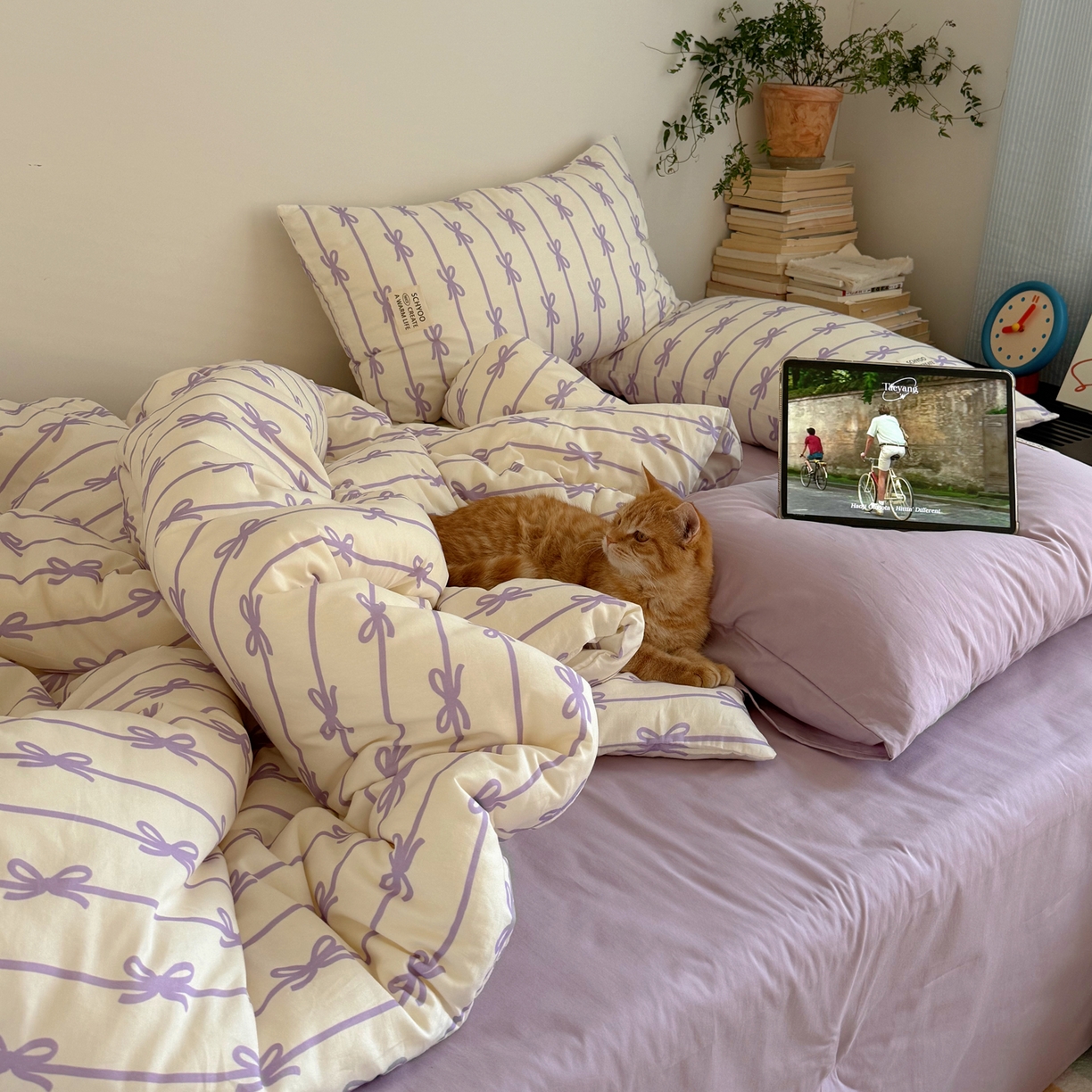 91家纺网 家纺一手货源 找家纺 六巷胡同 2026春夏新款INS博主风韩系蝴蝶结全棉四件套 丝带蝴蝶结-紫