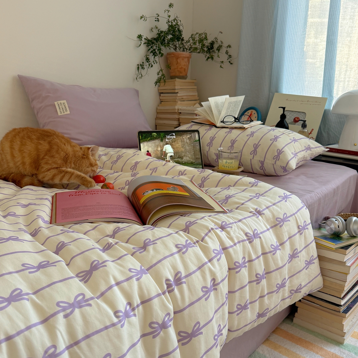 91家纺网 家纺一手货源 找家纺 六巷胡同 2026春夏新款INS博主风韩系蝴蝶结全棉四件套 丝带蝴蝶结-紫