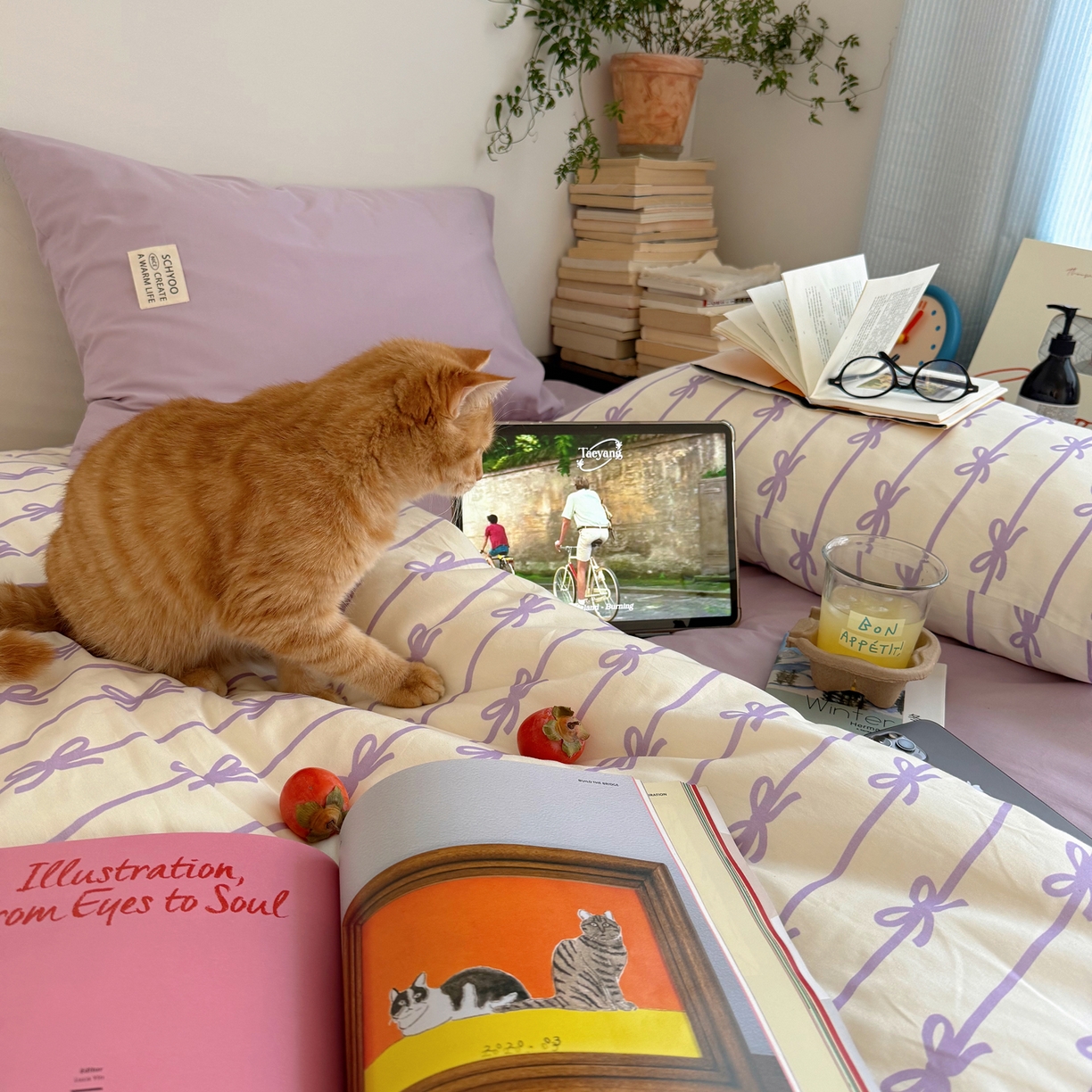 91家纺网 家纺一手货源 找家纺 六巷胡同 2026春夏新款INS博主风韩系蝴蝶结全棉四件套 丝带蝴蝶结-紫