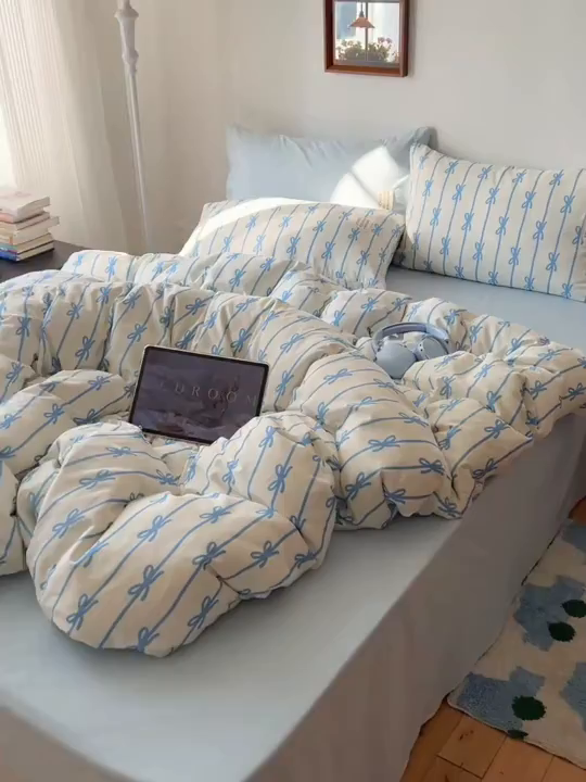 91家纺网 家纺一手货源 找家纺 （总）六巷胡同 2026春夏新款INS博主风韩系蝴蝶结全棉四件套（自然光组）