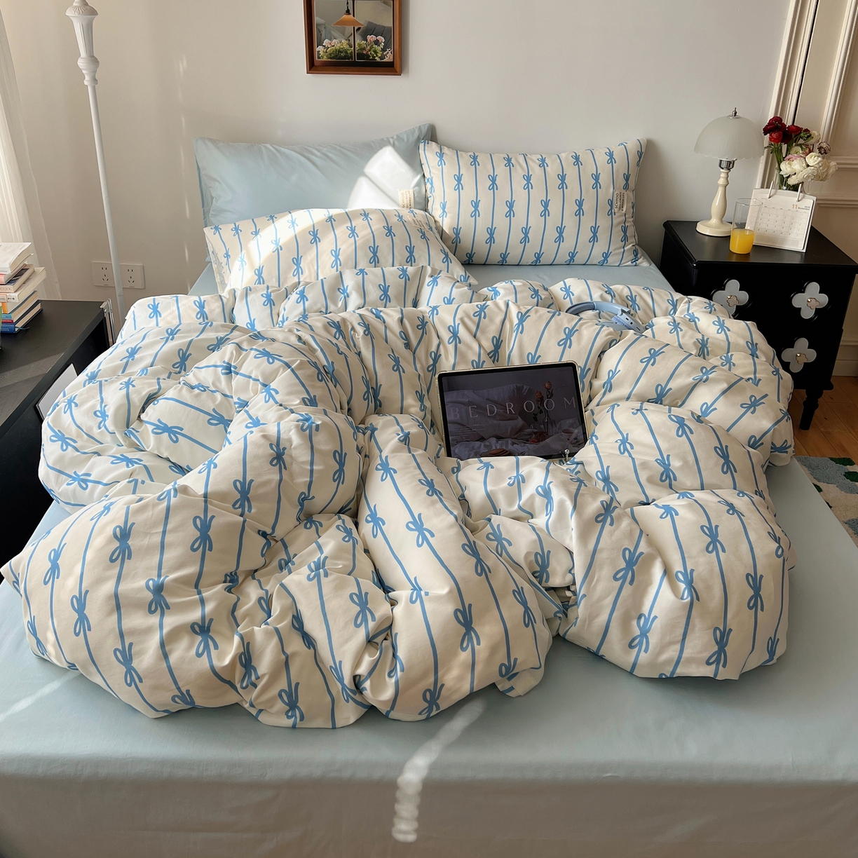 91家纺网 家纺一手货源 找家纺 （总）六巷胡同 2026春夏新款INS博主风韩系蝴蝶结全棉四件套（自然光组）