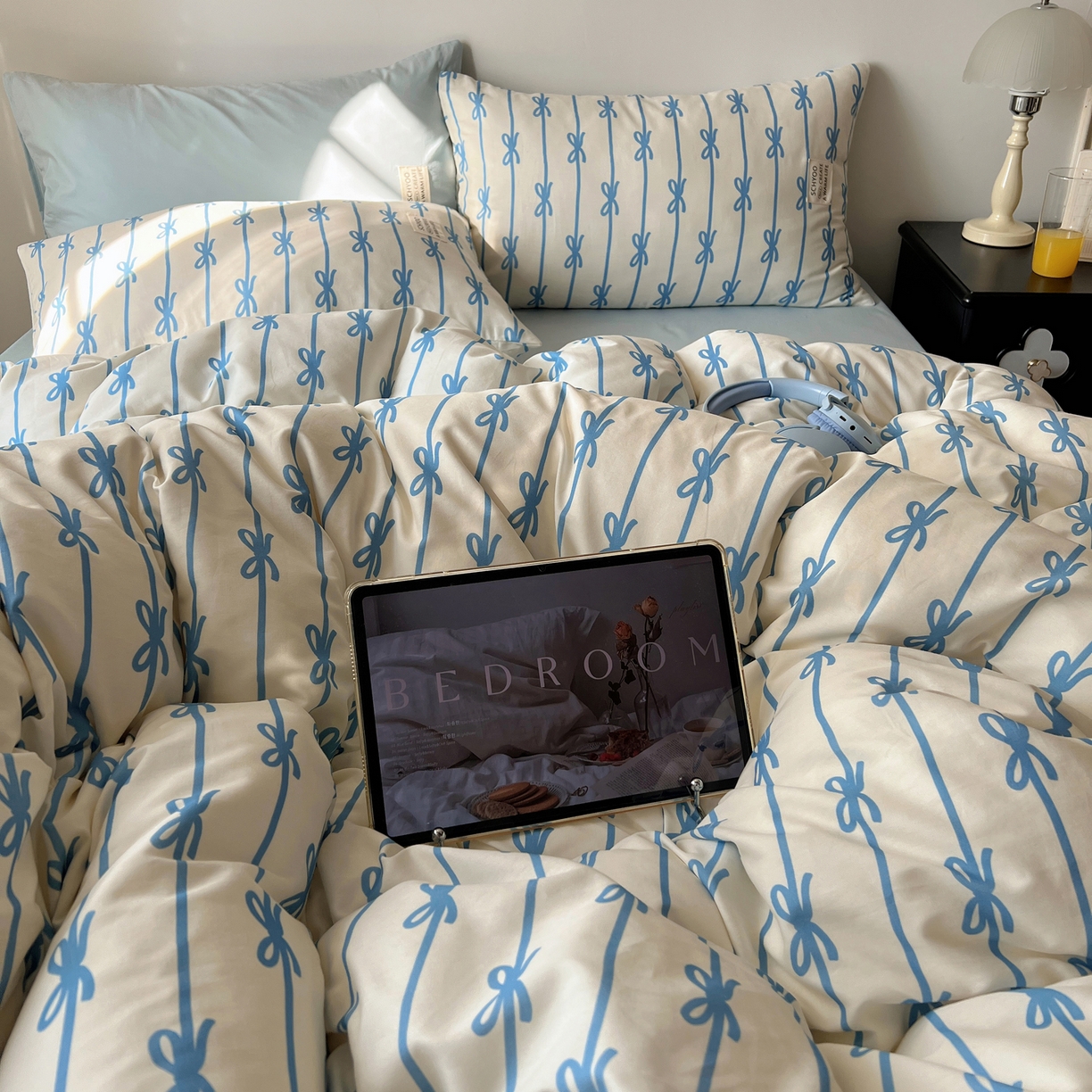 91家纺网 家纺一手货源 找家纺 （总）六巷胡同 2026春夏新款INS博主风韩系蝴蝶结全棉四件套（自然光组）